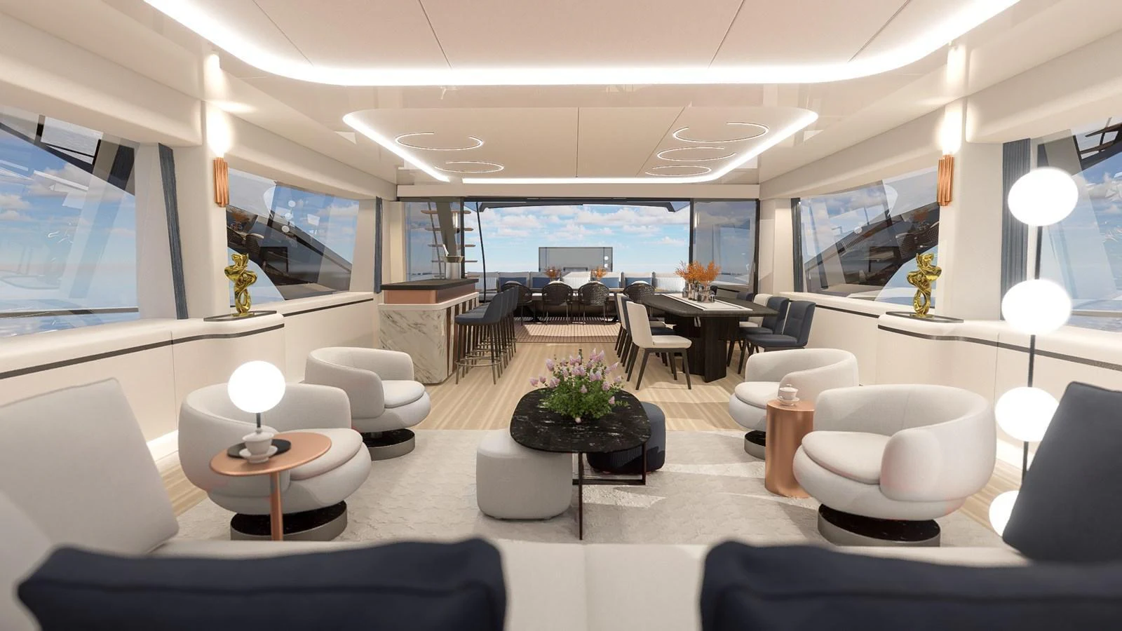The yacht's salon features modern furnishings with ample seating and panoramic windows offering stunning views. aboard ETEREA Yacht for Sale