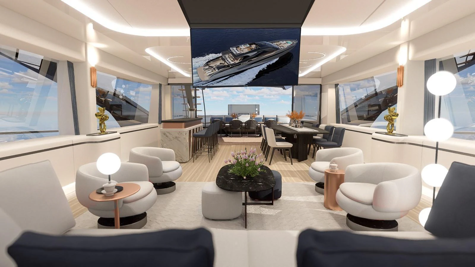 The salon features luxurious seating with panoramic views and modern decor. aboard ETEREA Yacht for Sale