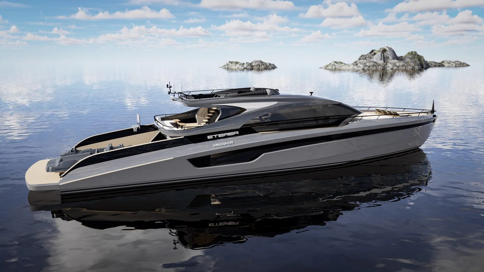A sleek and modern yacht glides gracefully on calm waters, reflecting the serene sky. aboard ETEREA Yacht for Sale