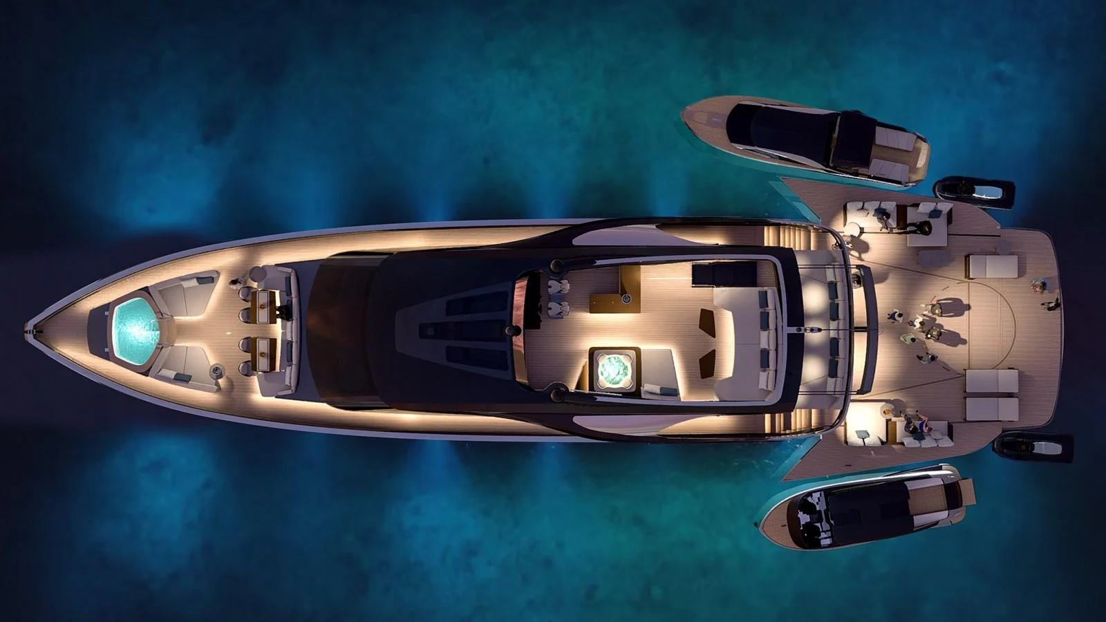 A stunning overhead view of a yacht illuminated at night, showcasing its sleek design and luxurious amenities. aboard ETEREA Yacht for Sale