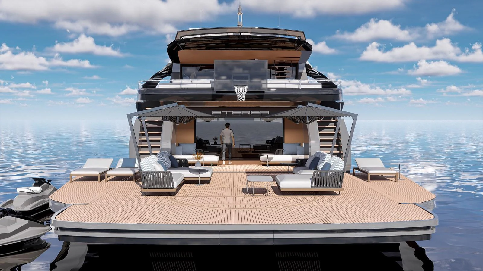 The yacht's aft deck features luxurious lounging areas with sunbeds and umbrellas, perfect for relaxation. aboard ETEREA Yacht for Sale
