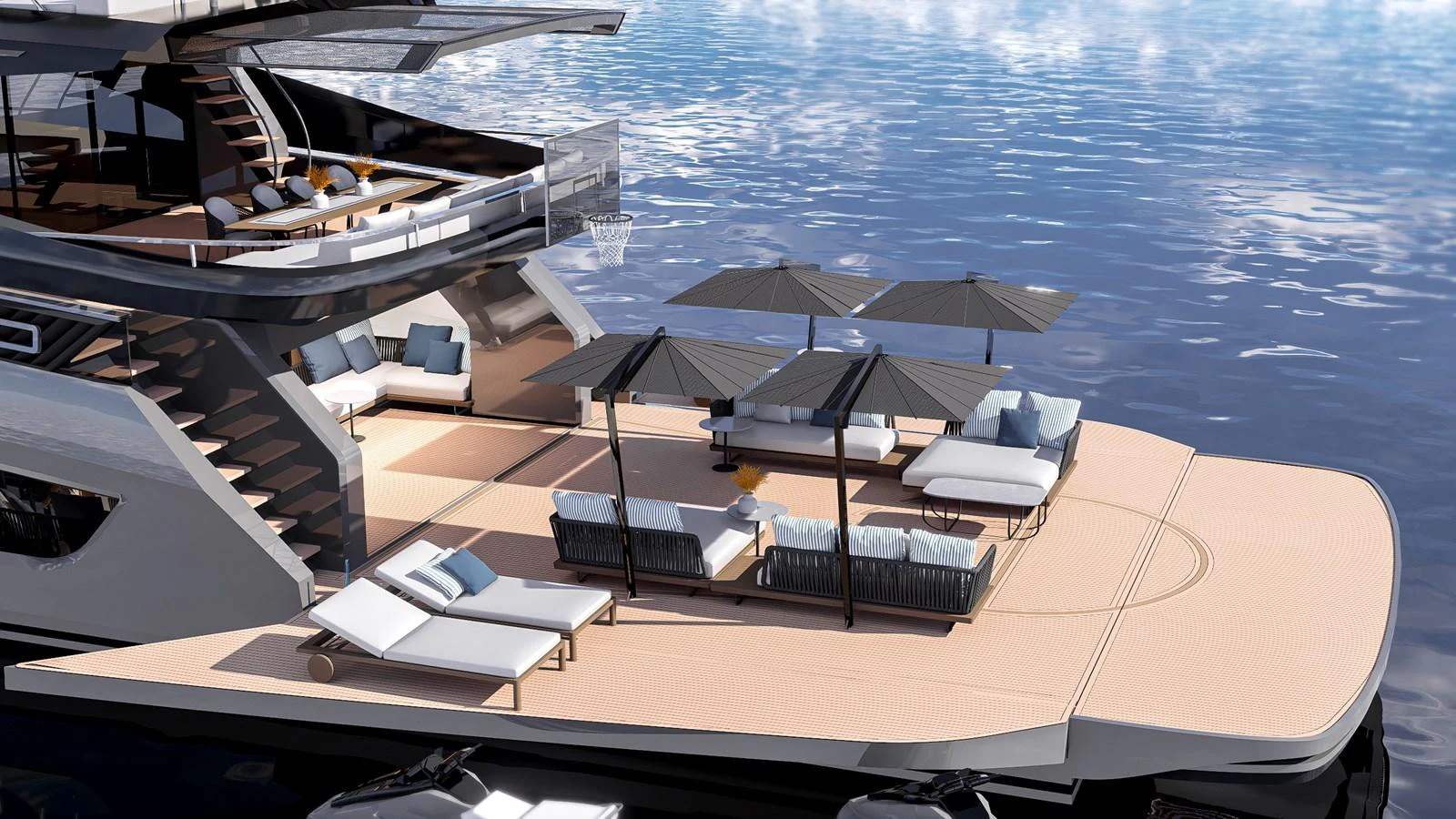 The yacht's aft deck features luxurious lounging areas with umbrellas and sunbeds, perfect for relaxation. aboard ETEREA Yacht for Sale
