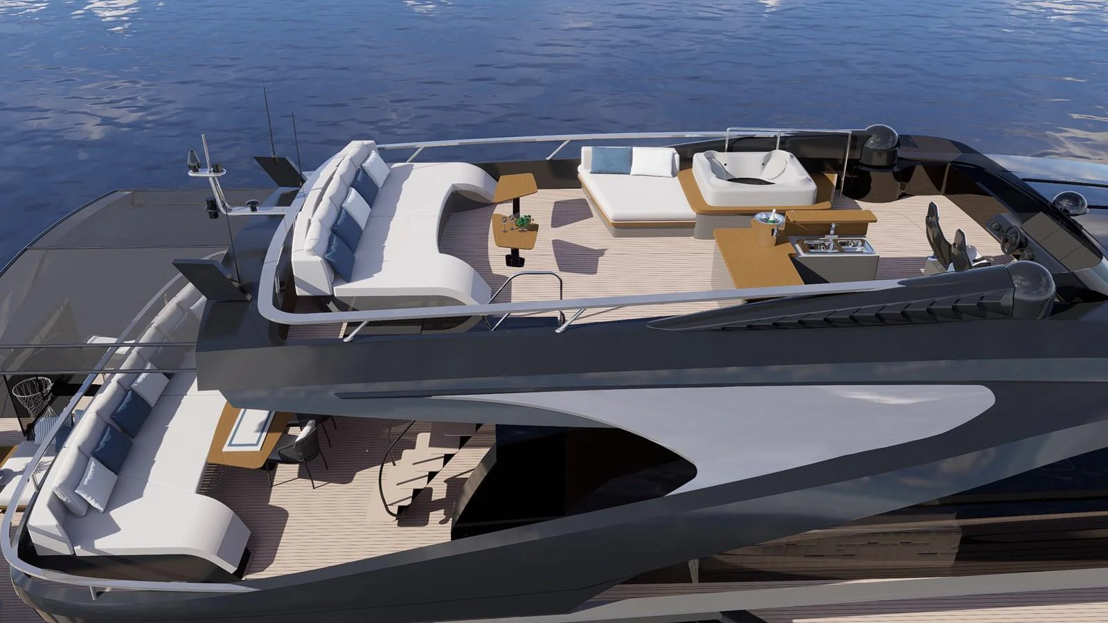 The sundeck of this yacht features luxurious lounging areas and a sleek, modern design. aboard ETEREA Yacht for Sale