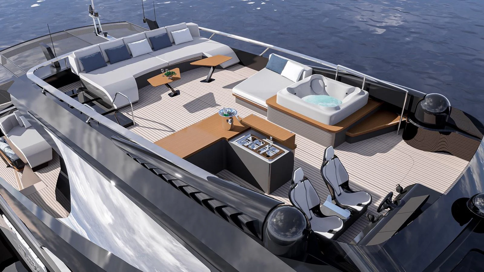 The sundeck features luxurious lounging areas, a jacuzzi, and a bar setup, perfect for relaxation and entertainment. aboard ETEREA Yacht for Sale