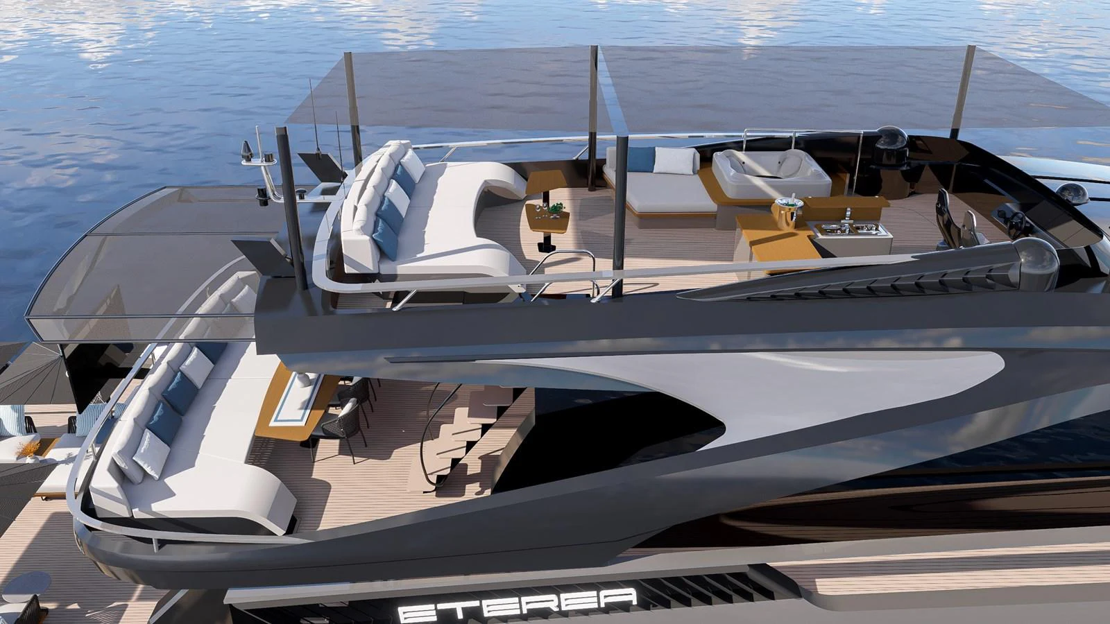 The yacht's flybridge offers luxurious seating areas with stunning views of the water. aboard ETEREA Yacht for Sale