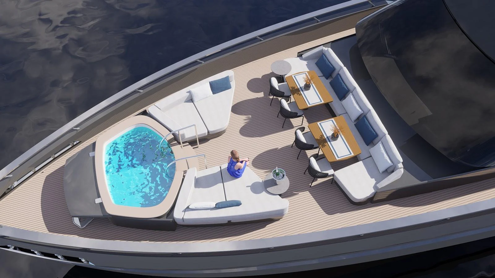 The sundeck features a luxurious jacuzzi and ample seating for relaxation and dining. aboard ETEREA Yacht for Sale