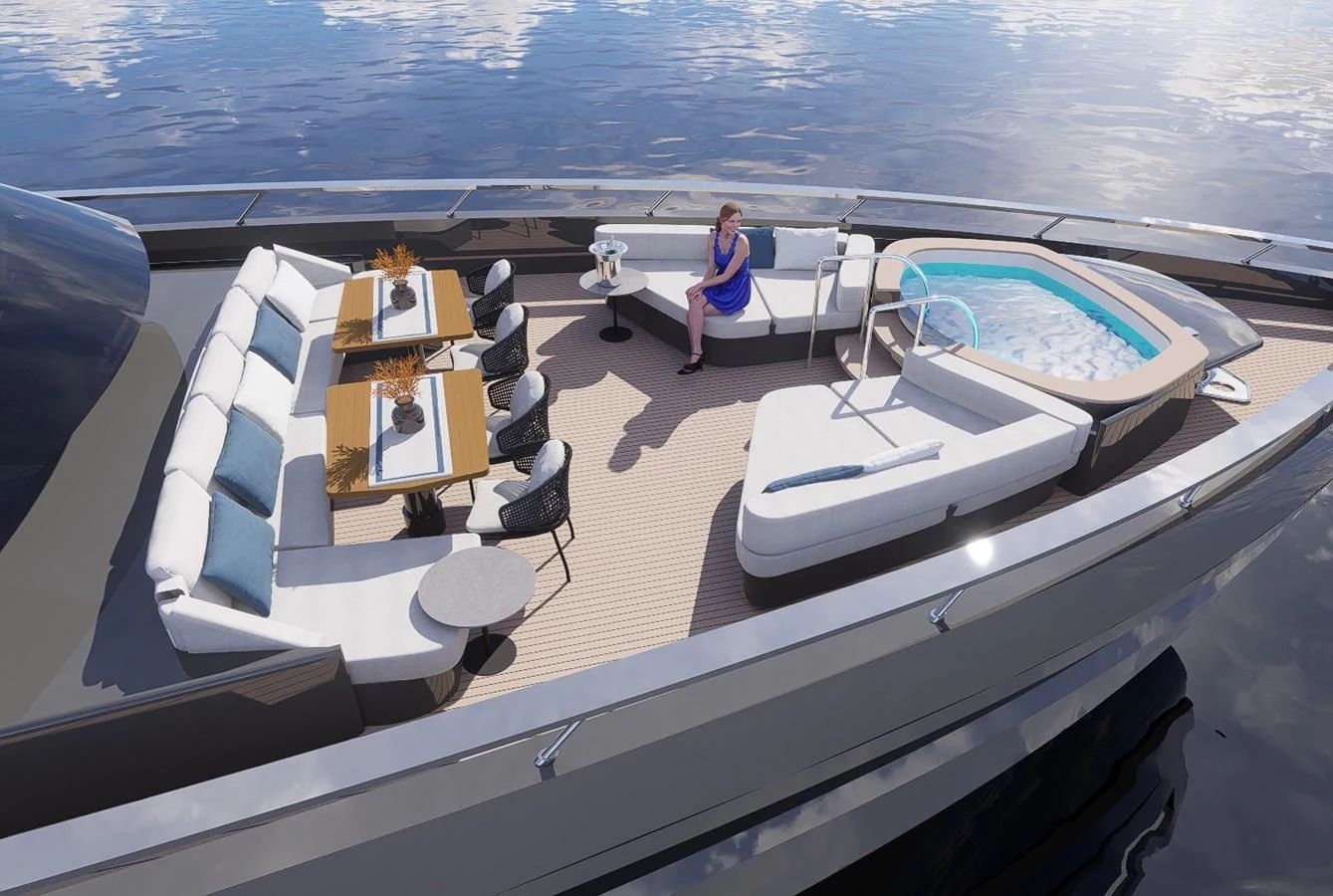 The sundeck features a luxurious seating area with dining tables and a jacuzzi, perfect for relaxation and entertainment. aboard ETEREA Yacht for Sale