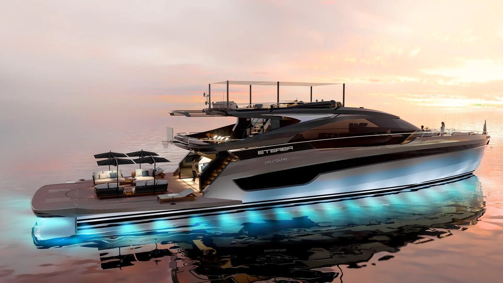A sleek and modern yacht with elegant lighting, cruising at sunset. aboard ETEREA Yacht for Sale