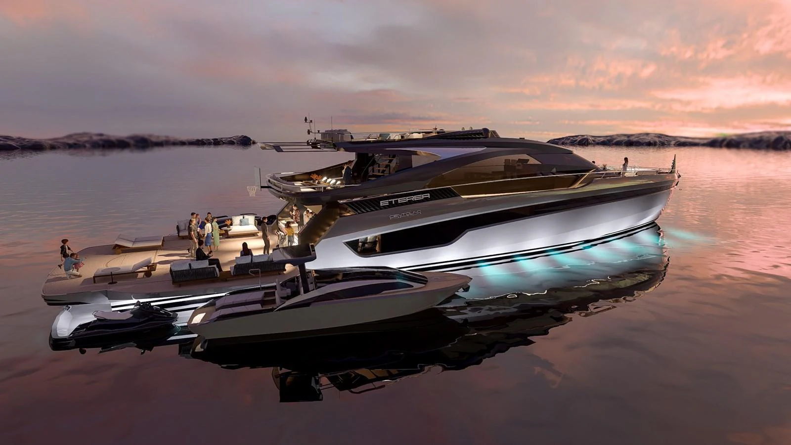A sleek and modern yacht is anchored at sunset, showcasing its elegant design and illuminated underwater lights. aboard ETEREA Yacht for Sale