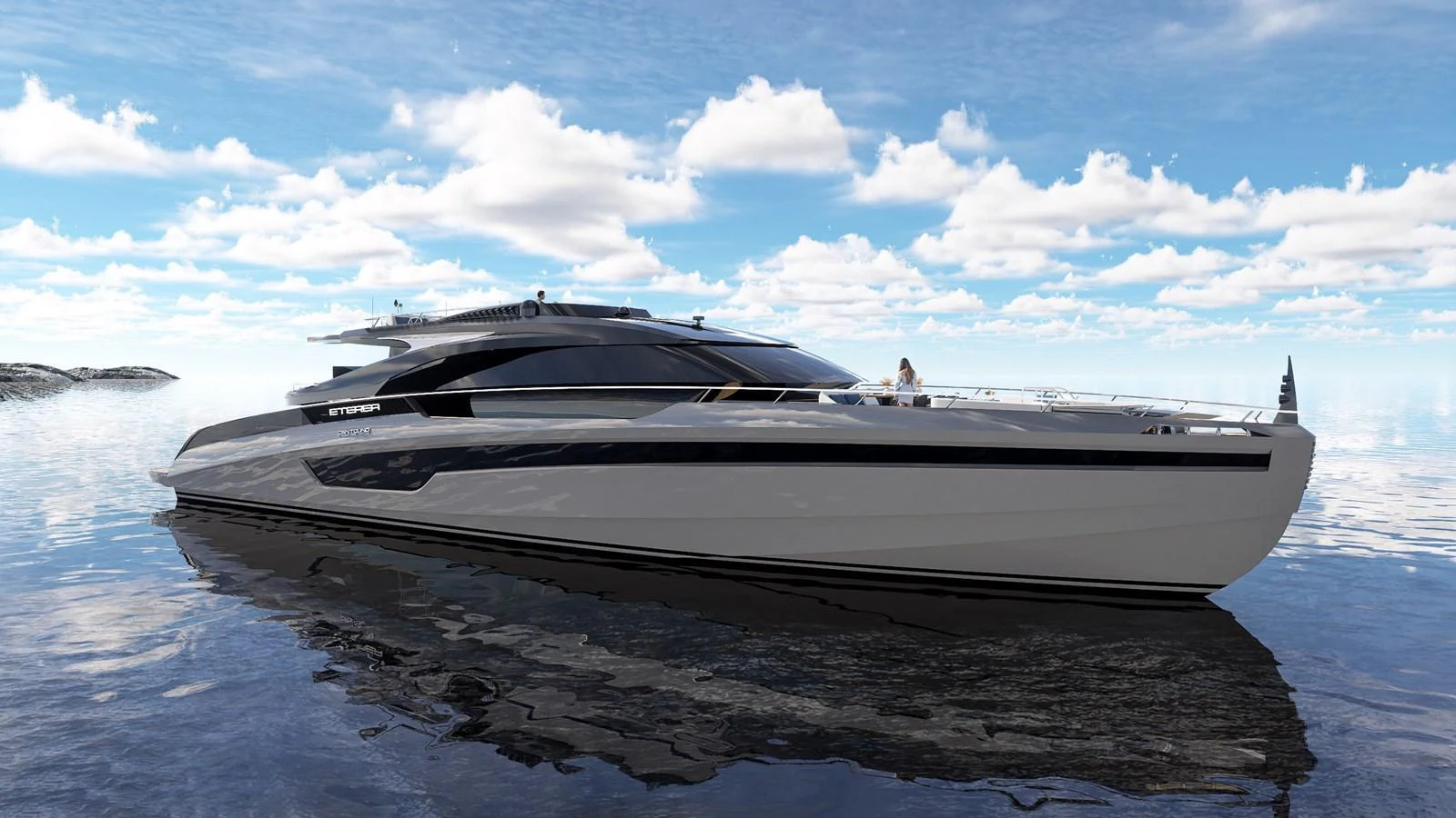 A sleek and modern yacht glides gracefully on calm waters under a bright blue sky. aboard ETEREA Yacht for Sale