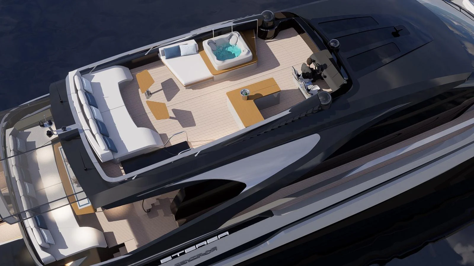The sundeck of this yacht features a luxurious lounging area with a jacuzzi and ample seating. aboard ETEREA Yacht for Sale