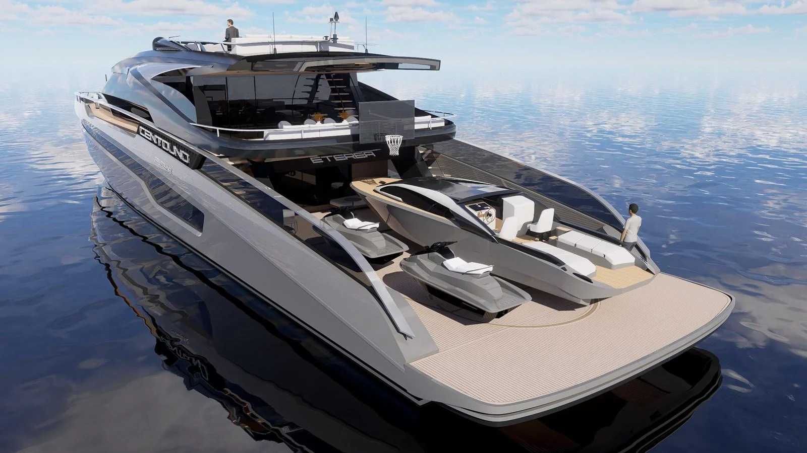 A sleek and modern yacht with an expansive aft deck featuring sun loungers and a tender. aboard ETEREA Yacht for Sale