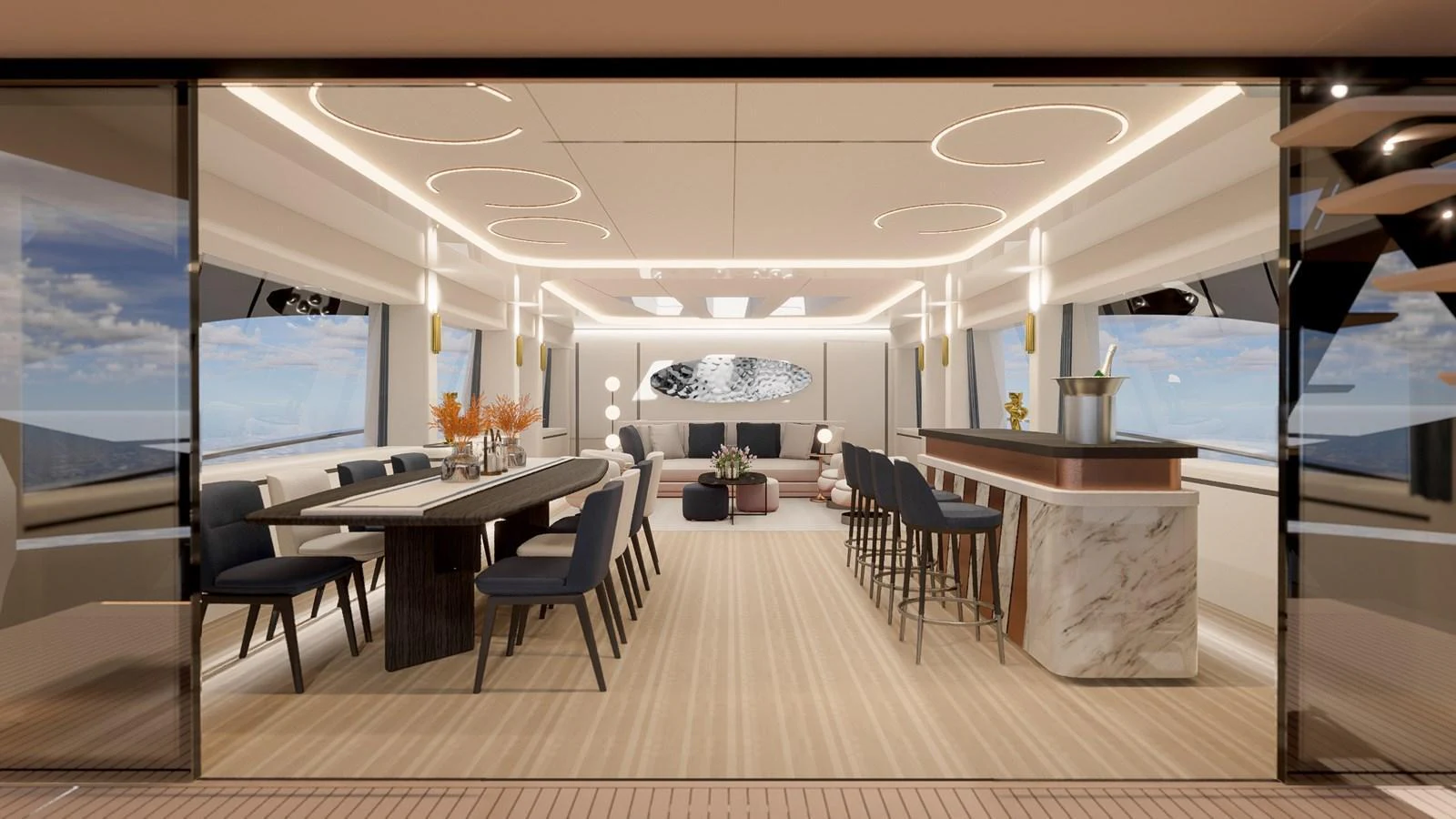 The spacious salon features elegant dining and lounging areas with modern decor and ample natural light. aboard ETEREA Yacht for Sale