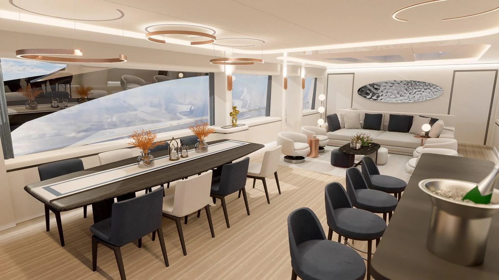 The yacht's salon features a spacious dining area and a comfortable lounge with modern decor. aboard ETEREA Yacht for Sale