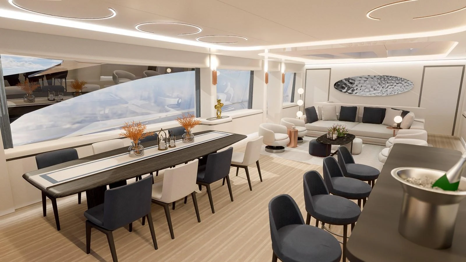 The salon features a spacious and elegant dining area with modern furnishings and large windows for panoramic views. aboard ETEREA Yacht for Sale