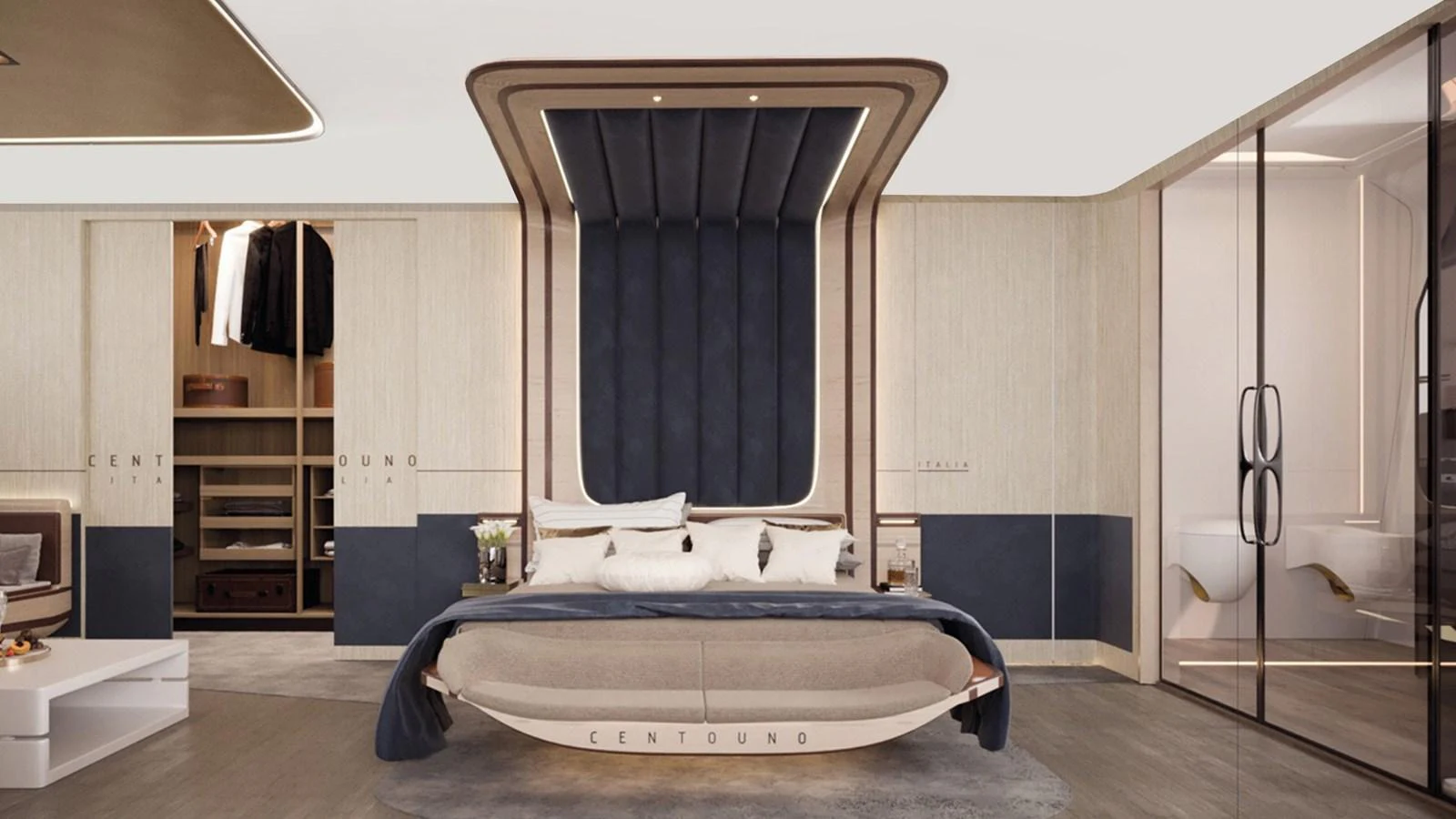 The master stateroom features a luxurious bed with elegant design elements and ample storage space. aboard ETEREA Yacht for Sale