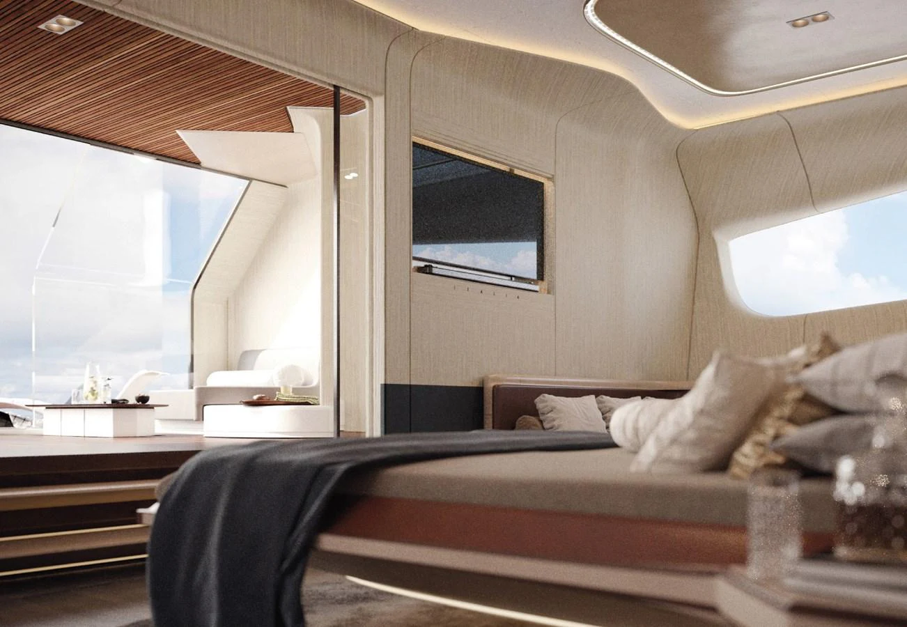 A luxurious stateroom with elegant furnishings and a view of the sea. aboard ETEREA Yacht for Sale