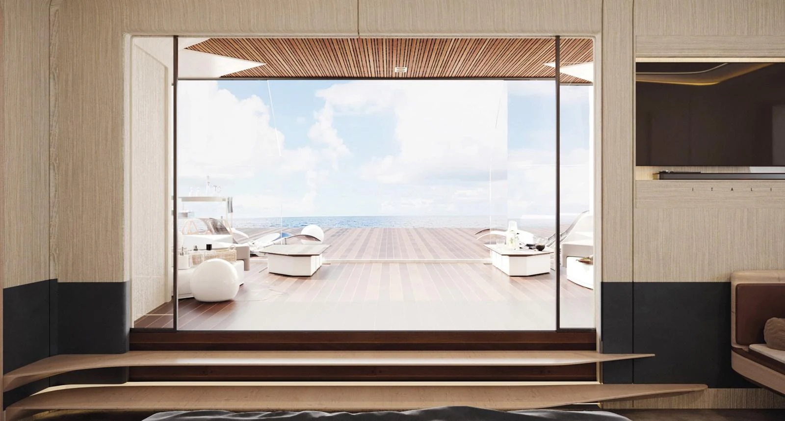 The salon offers a stunning view of the expansive aft deck and the open sea beyond. aboard ETEREA Yacht for Sale