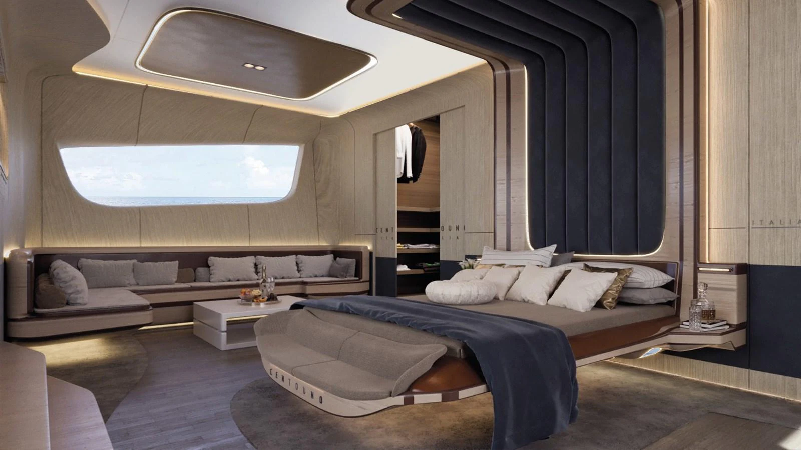 The master stateroom features a luxurious bed, elegant seating area, and modern design elements. aboard ETEREA Yacht for Sale