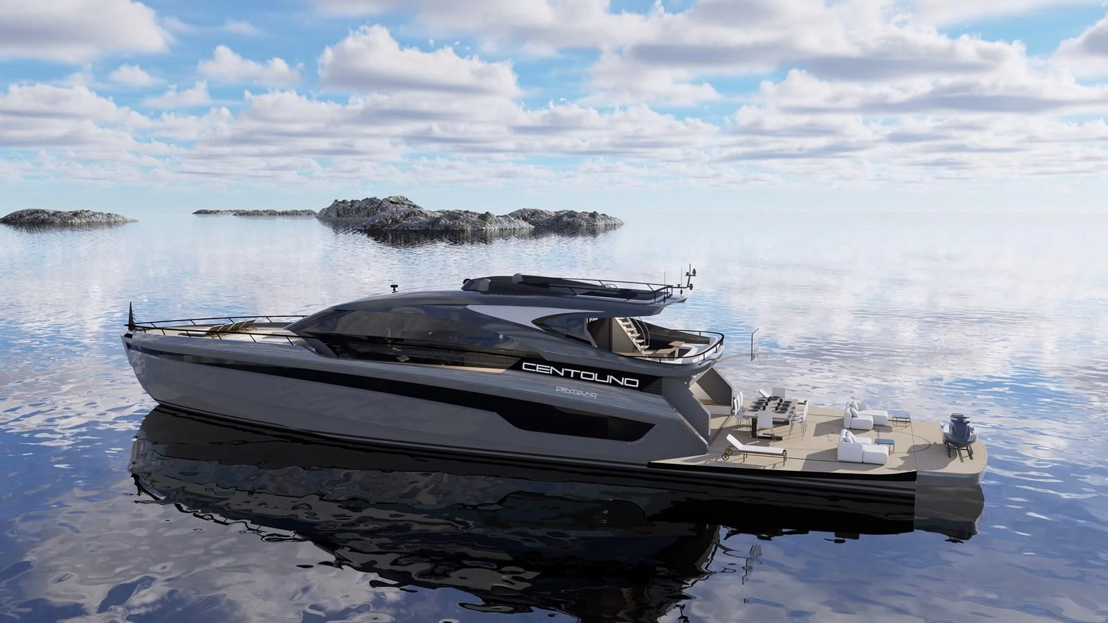 A sleek and modern yacht glides gracefully on calm waters under a partly cloudy sky. aboard ETEREA Yacht for Sale
