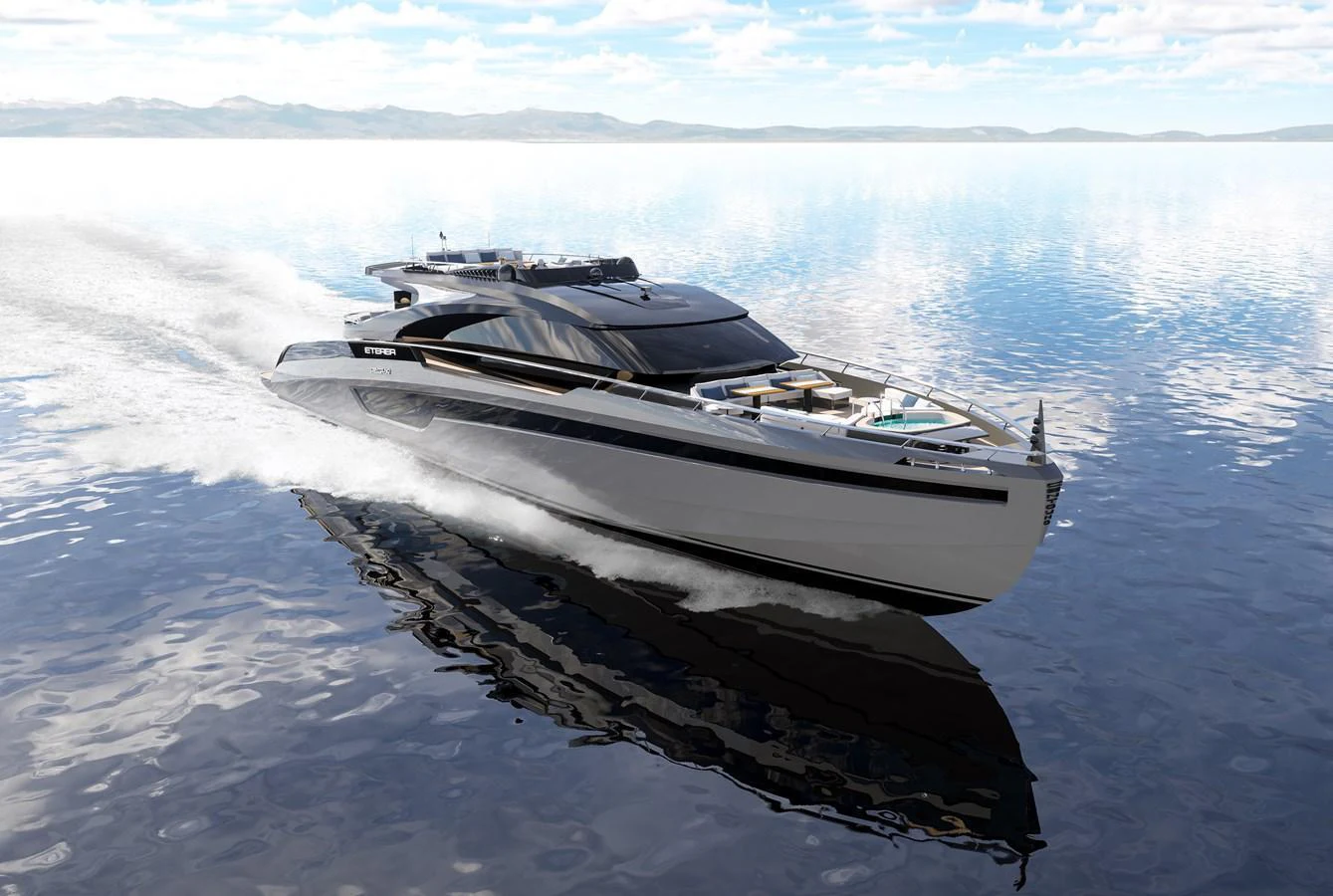 A sleek, modern yacht glides effortlessly across calm waters under a clear sky. aboard ETEREA Yacht for Sale