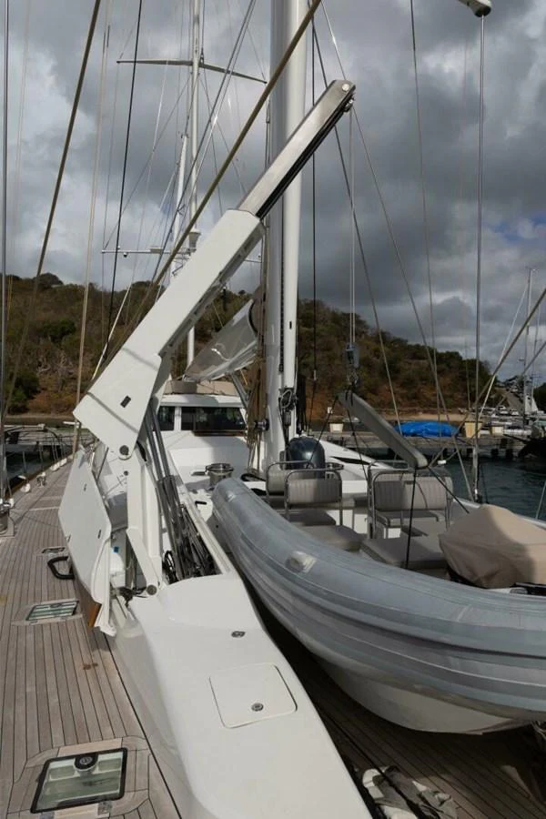 The yacht's deck features a tender and a well-organized layout, perfect for seamless sailing experiences. aboard CATALINA Yacht for Sale