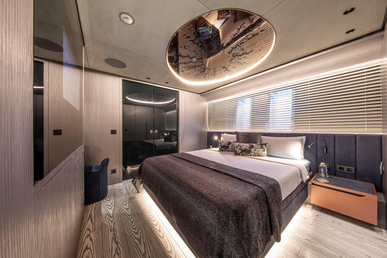 The master stateroom exudes luxury with its modern design and ambient lighting. aboard PACIFIC PEARL Yacht for Sale