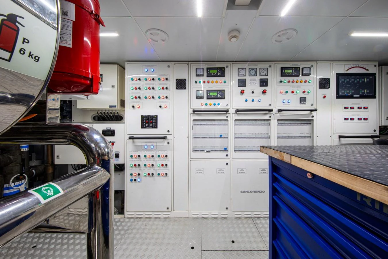 The engine room is equipped with advanced control panels and safety equipment. aboard PACIFIC PEARL Yacht for Sale
