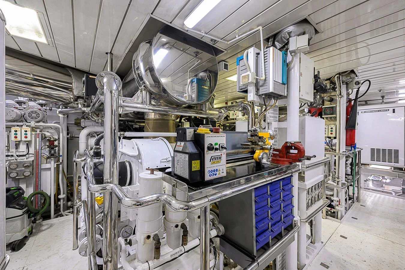 The image showcases the yacht's well-organized and high-tech engine room. aboard SEASCAPE V Yacht for Sale