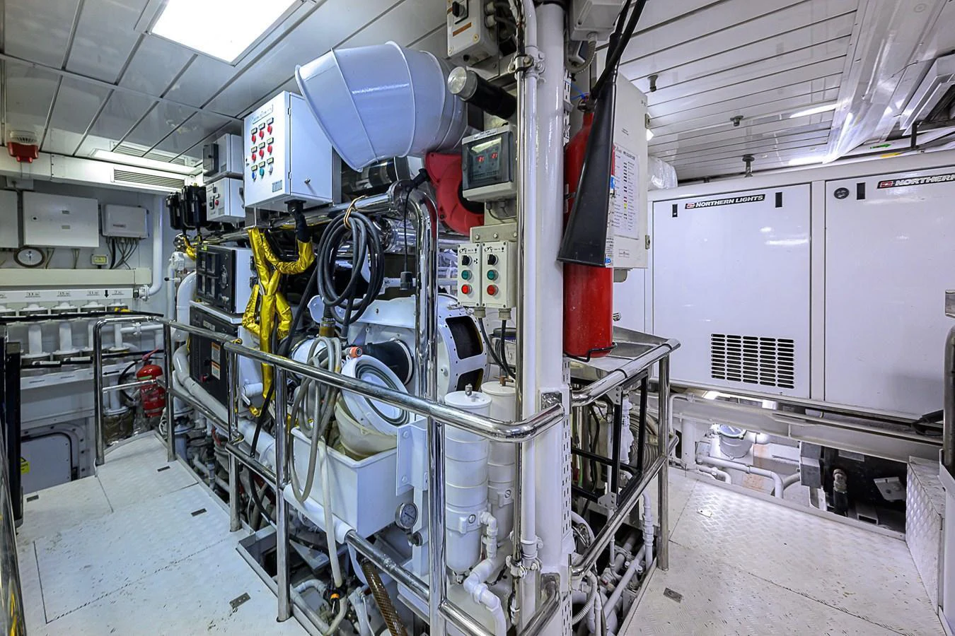 The image showcases the well-maintained engine room of the yacht, highlighting its advanced machinery and equipment. aboard SEASCAPE V Yacht for Sale