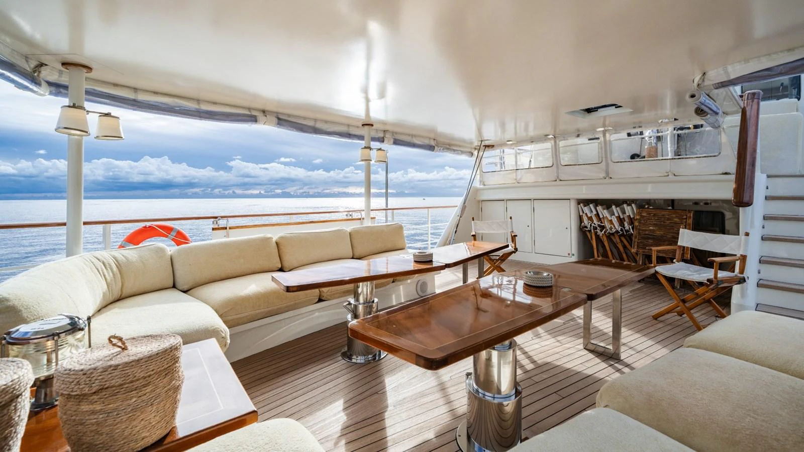 The aft deck features luxurious seating with a stunning ocean view. aboard DIONE STAR Yacht for Sale
