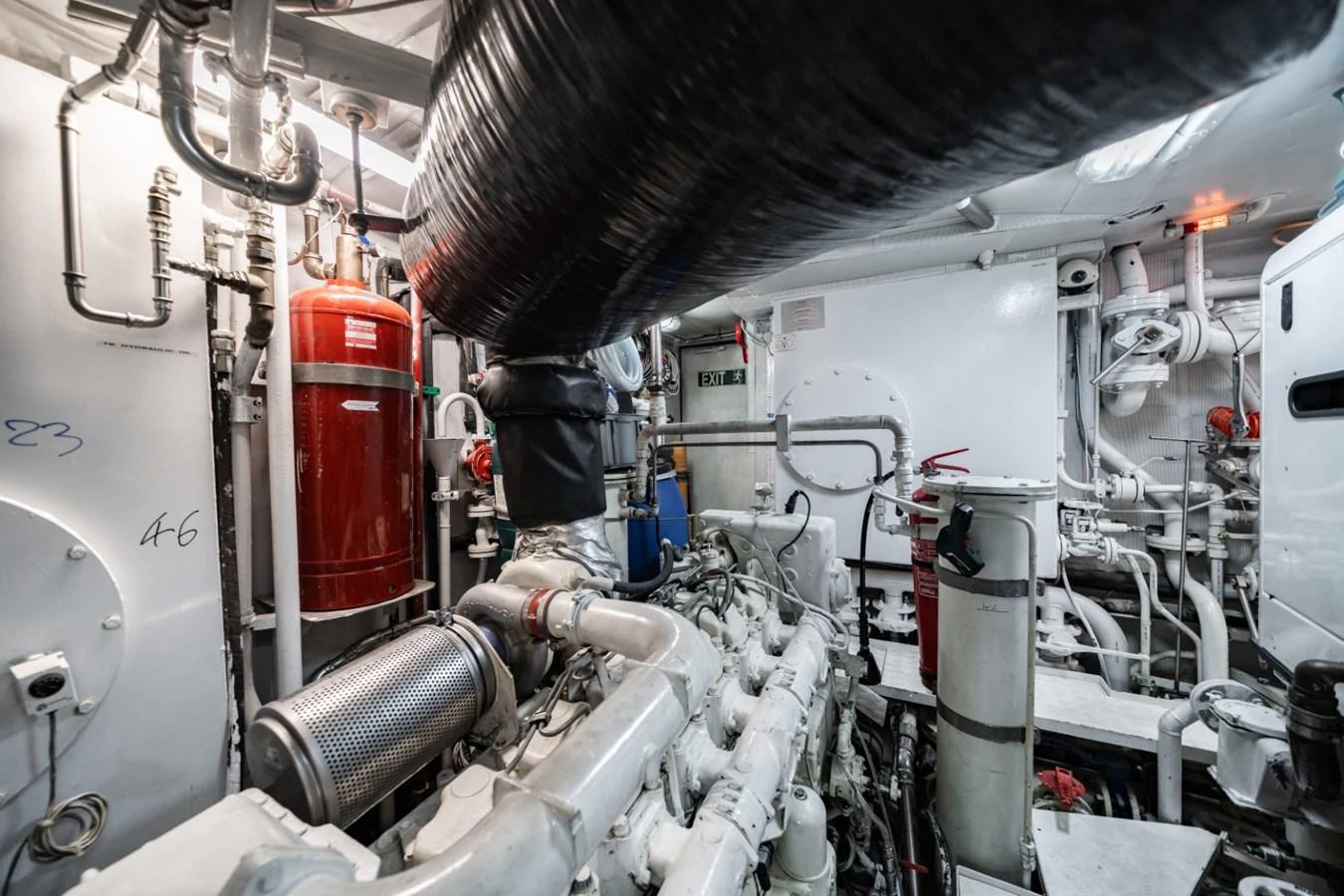 The image showcases the yacht's well-maintained engine room with various mechanical components and systems. aboard DIONE STAR Yacht for Sale