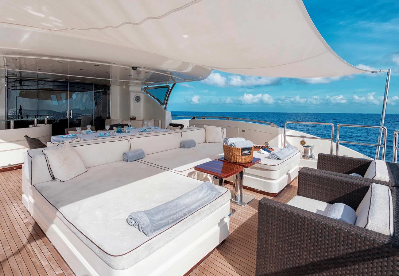 The aft deck features luxurious lounging areas with plush seating and a stunning ocean view. aboard ANTELOPE IV Yacht for Sale