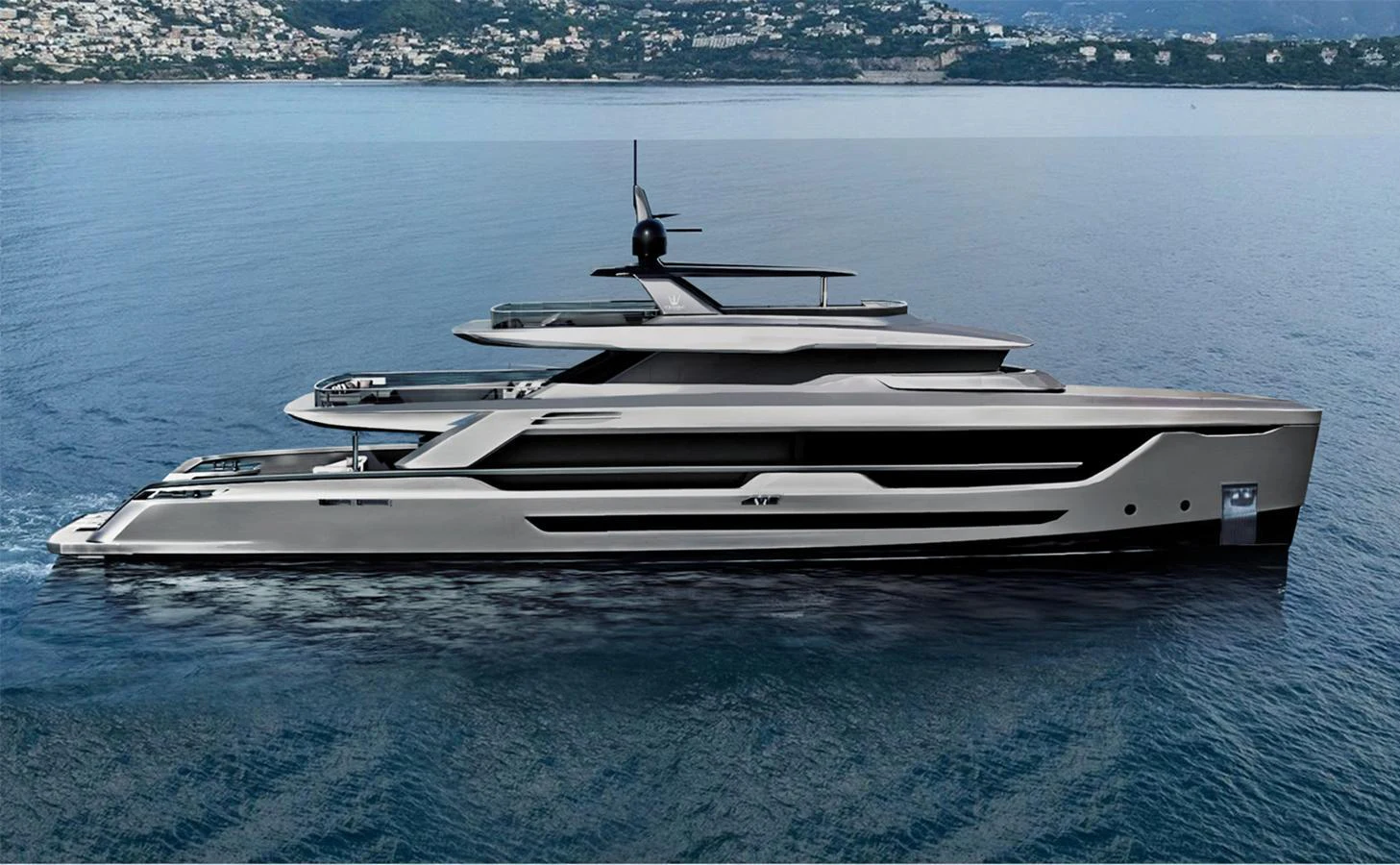 A sleek and modern yacht cruising on calm waters with a scenic coastal backdrop. aboard DUCALE 140 Yacht for Sale