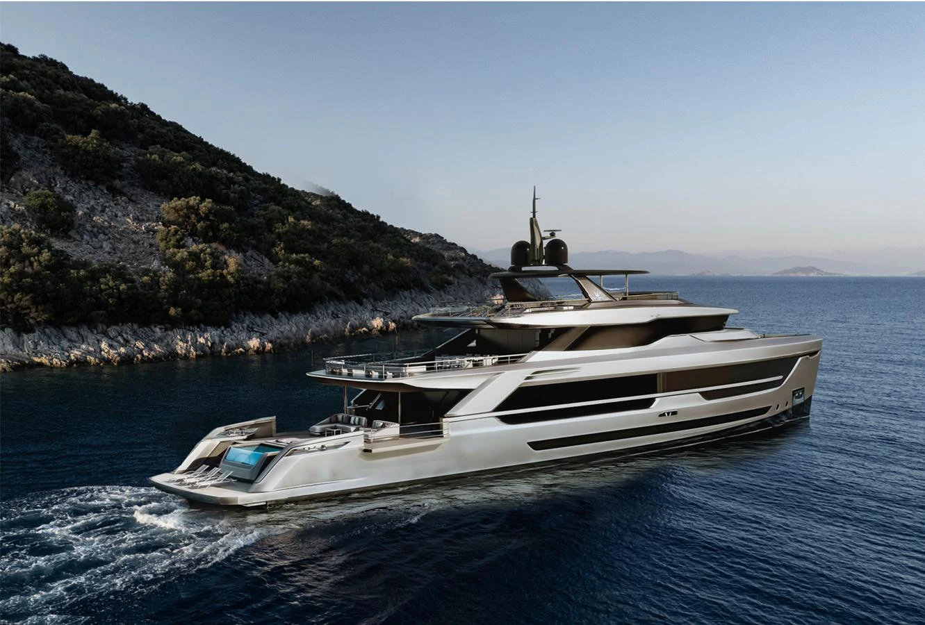 A sleek and modern yacht cruising along a scenic coastline. aboard DUCALE 140 Yacht for Sale