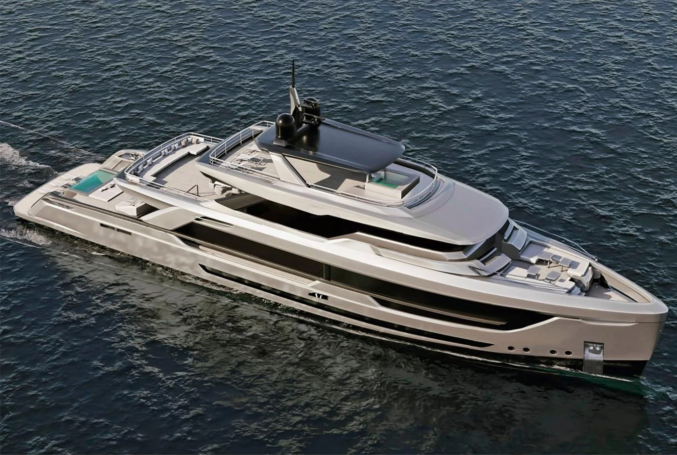 A sleek and modern yacht glides through the water, showcasing its luxurious design and spacious decks. aboard DUCALE 140 Yacht for Sale