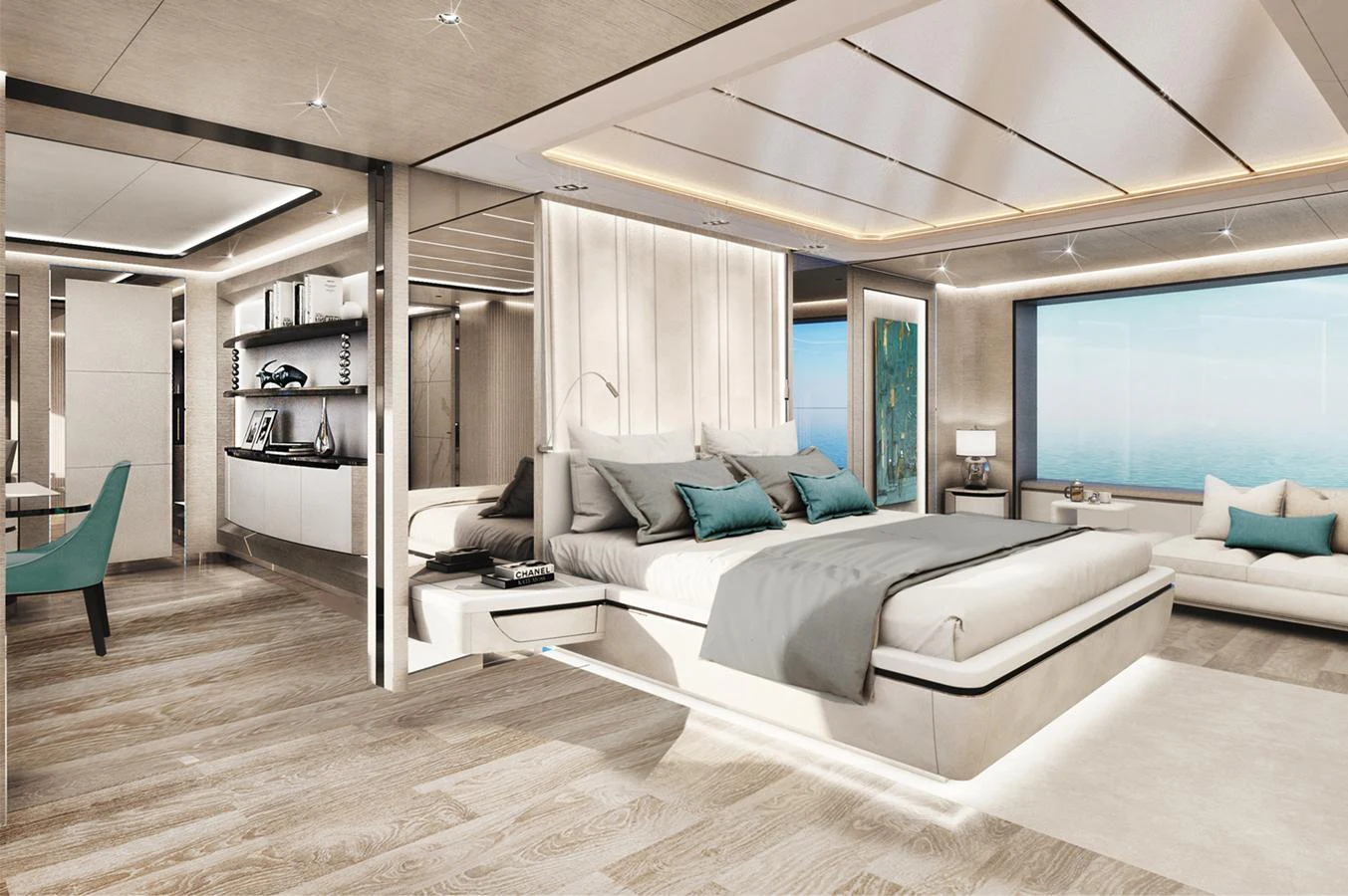 The master stateroom features a luxurious bed, elegant decor, and expansive ocean views. aboard DUCALE 140 Yacht for Sale