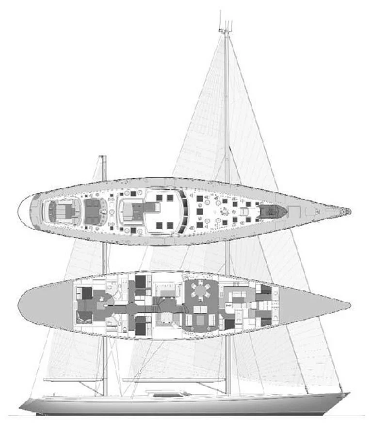 This image showcases the detailed deck plan of a luxurious sailing yacht. aboard CYCLOS III Yacht for Sale