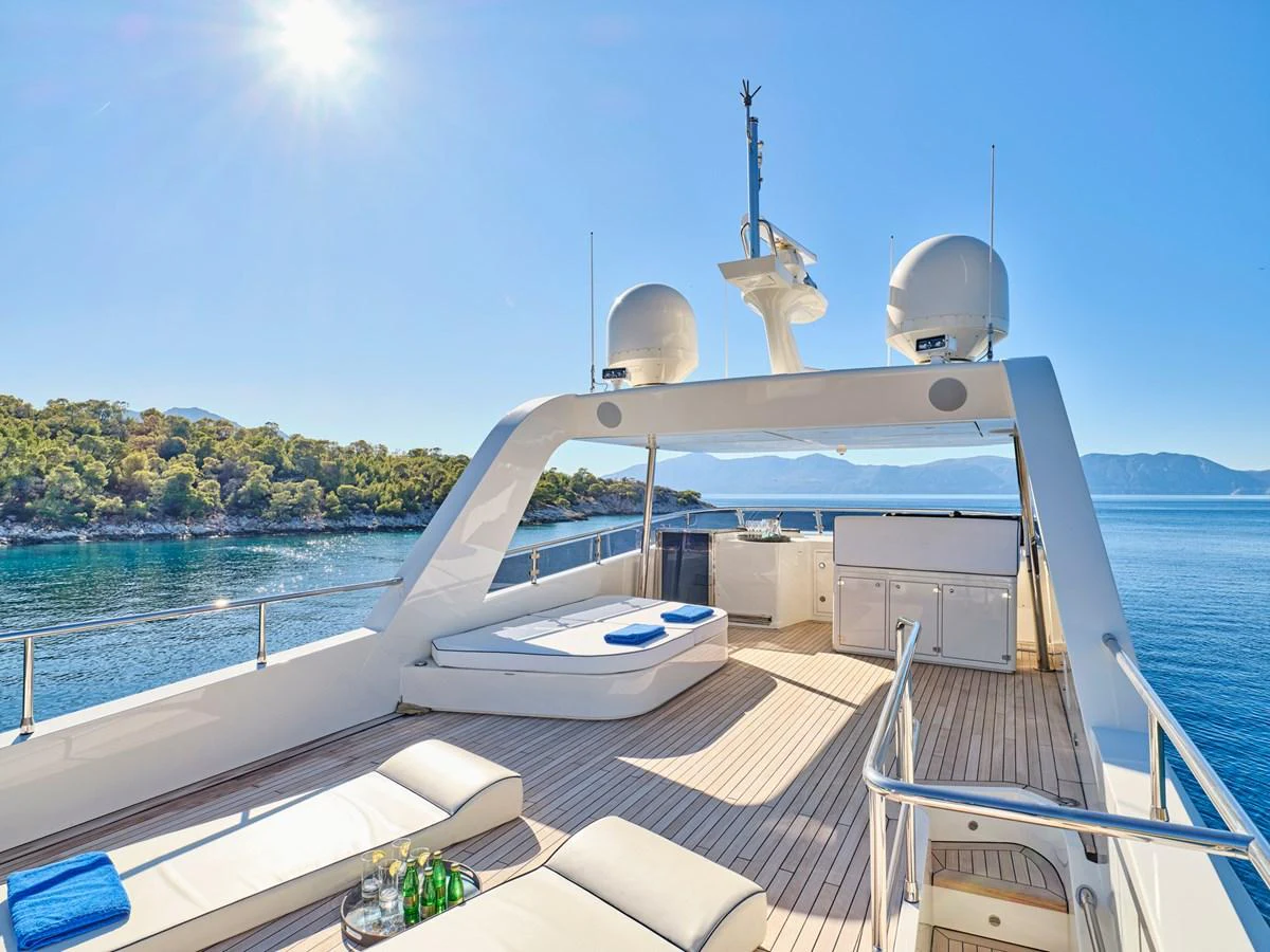 The sundeck offers a luxurious space for relaxation with stunning views of the surrounding waters. aboard CONDOR A Yacht for Sale