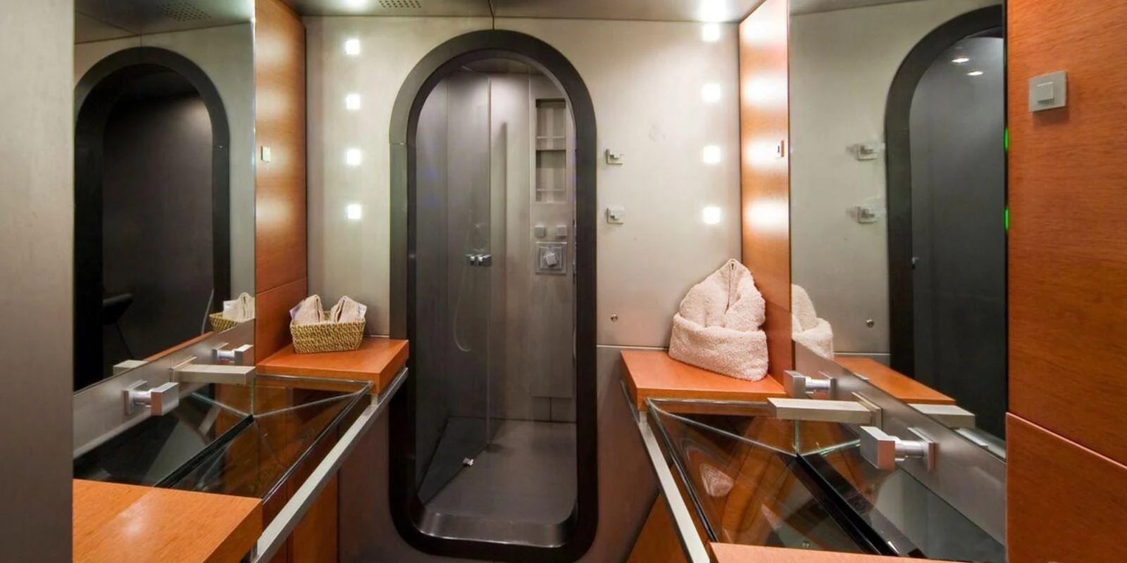 The yacht's bathroom features modern fixtures and ample lighting. aboard YAMAKAY Yacht for Sale