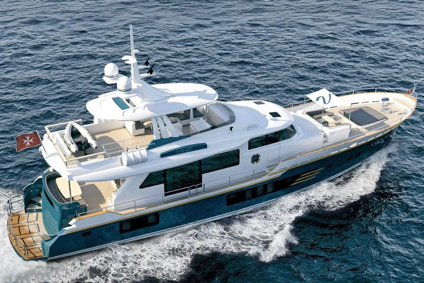 A luxurious yacht cruising on the open sea, showcasing its sleek design and spacious decks. aboard VOYAGE 90 Yacht for Sale