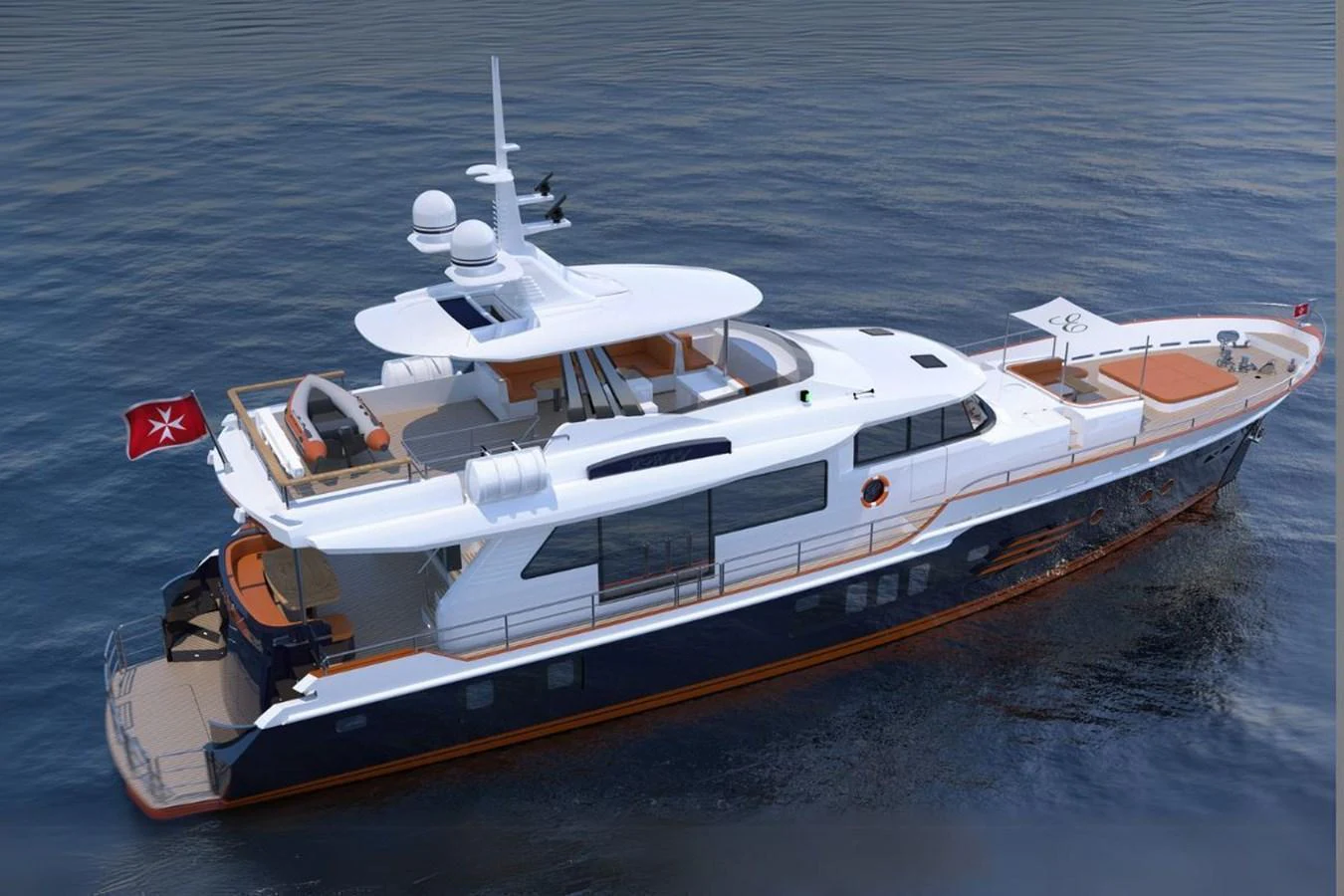 A sleek and modern yacht cruising on calm waters, showcasing its elegant design and spacious decks. aboard VOYAGE 90 Yacht for Sale