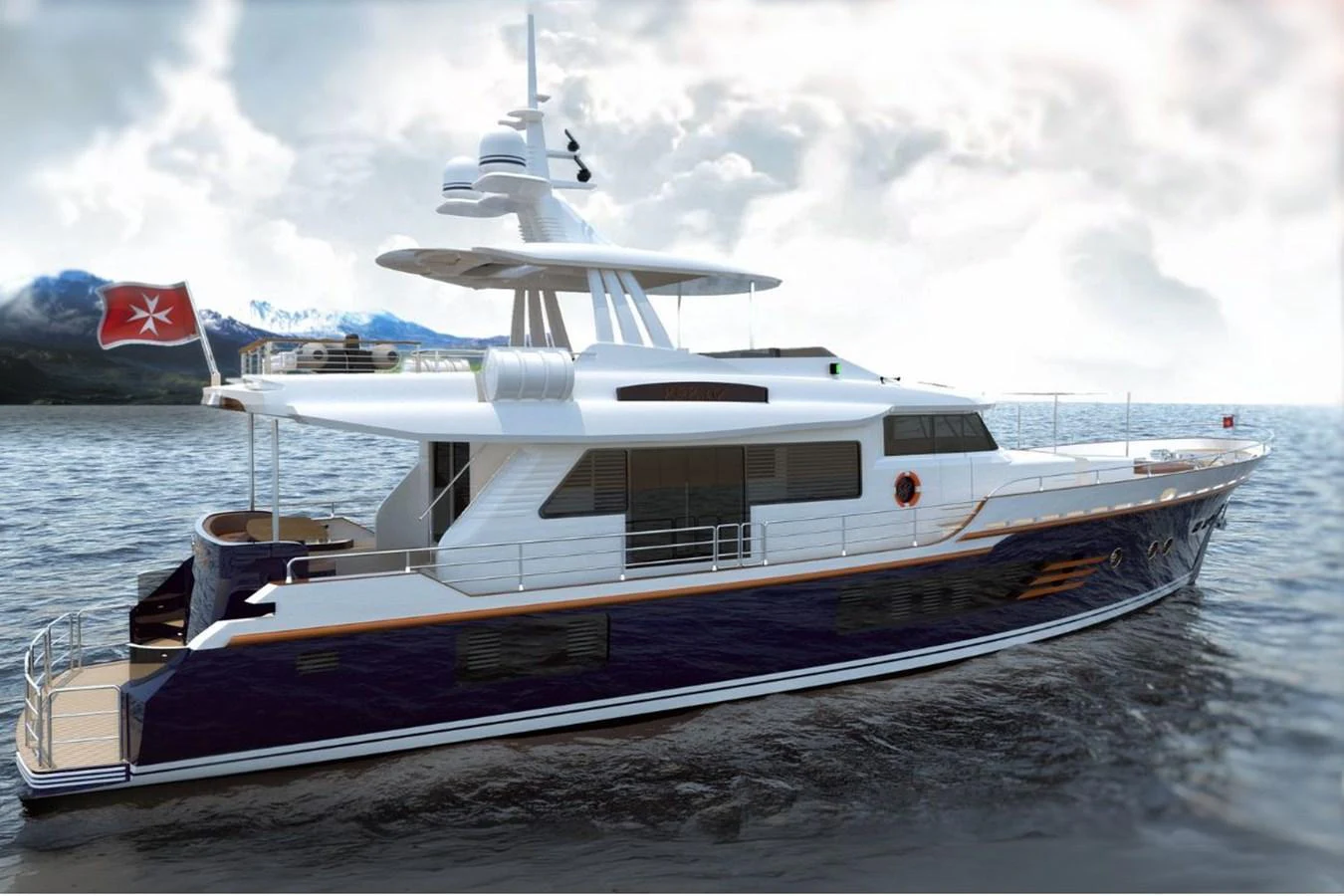 A sleek and modern yacht cruising on calm waters with a scenic backdrop. aboard VOYAGE 90 Yacht for Sale