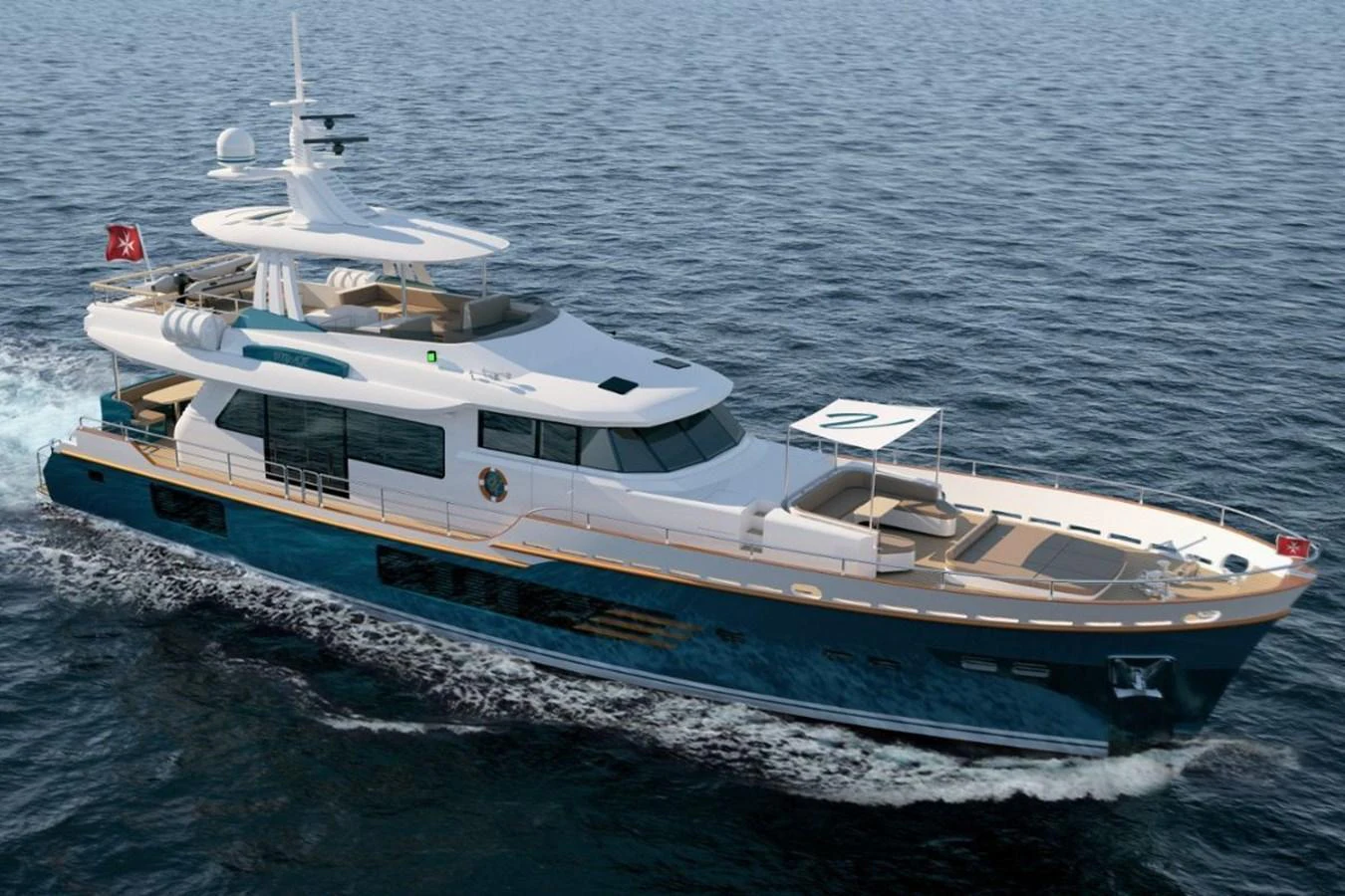A luxurious yacht cruising on the open sea, showcasing its sleek design and spacious decks. aboard VOYAGE 90 Yacht for Sale