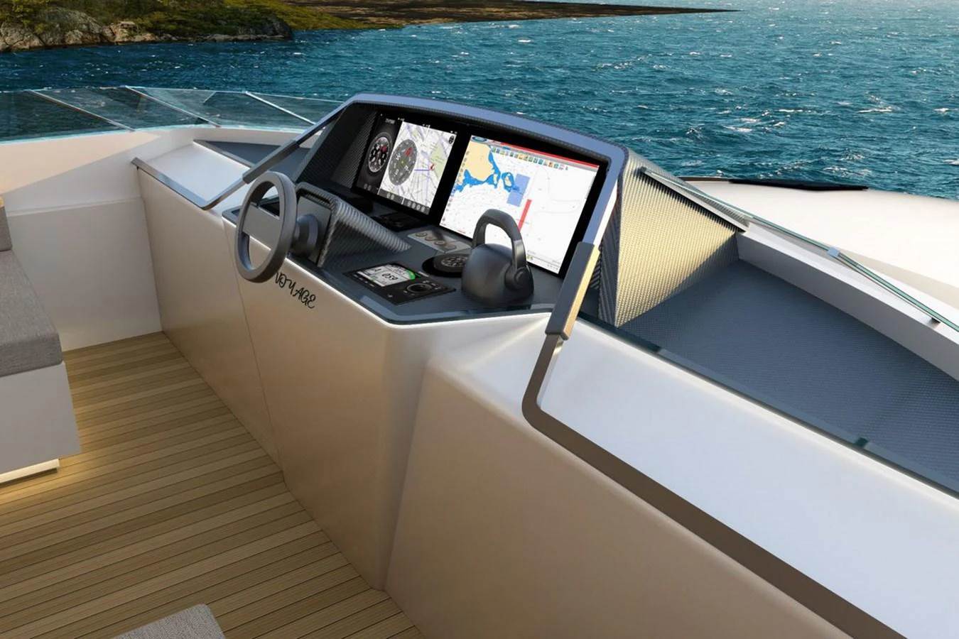 The helm station offers advanced navigation systems with a sleek, modern design. aboard VOYAGE 90 Yacht for Sale