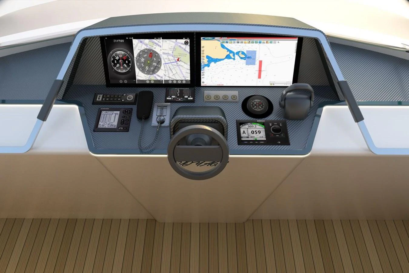 The helm features advanced navigation systems and a sleek, modern design. aboard VOYAGE 90 Yacht for Sale