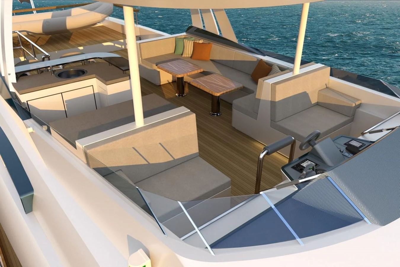 The flybridge offers a spacious and luxurious outdoor lounging area with ample seating and dining space. aboard VOYAGE 90 Yacht for Sale