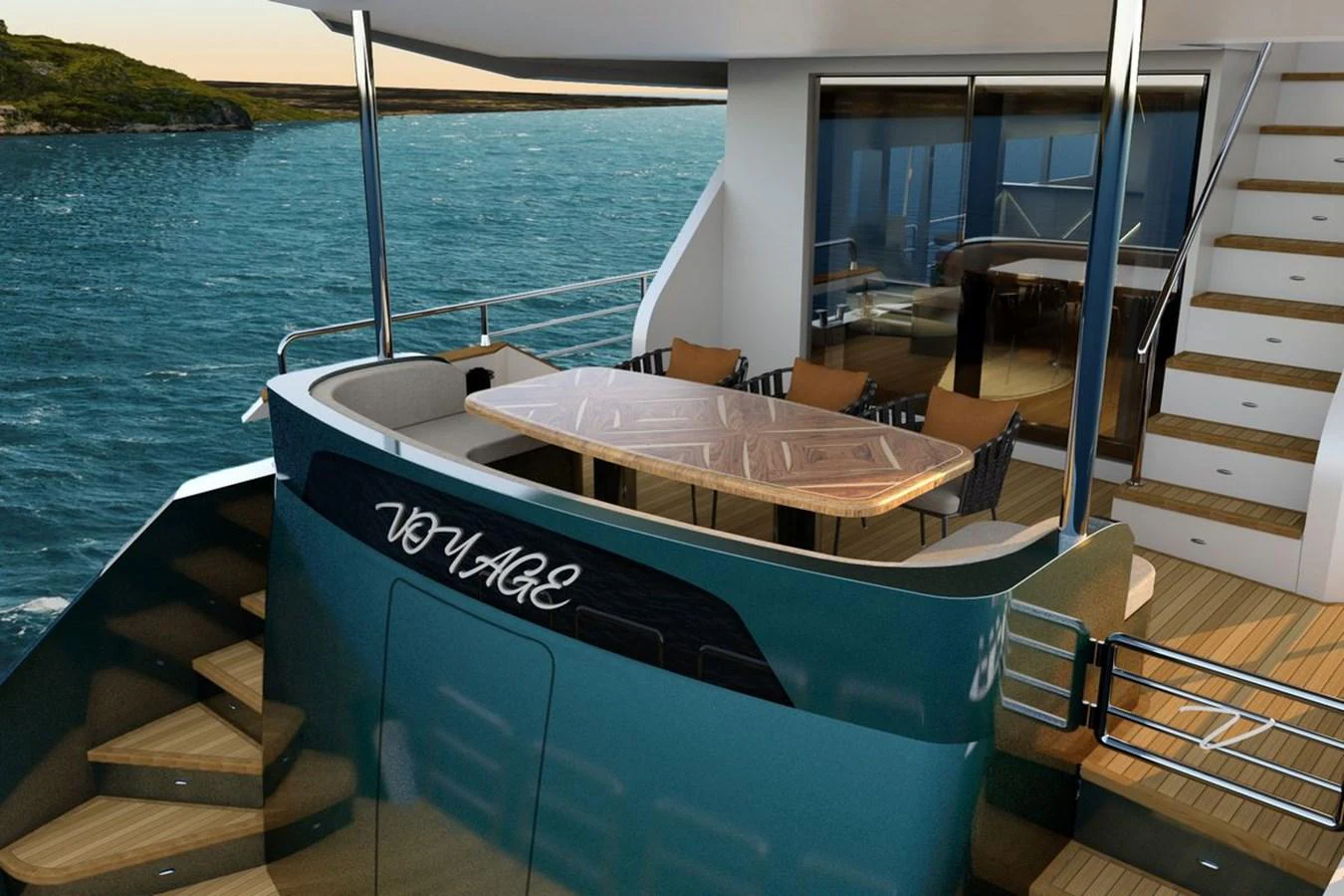 The aft deck features a stylish dining area with a view of the surrounding waters. aboard VOYAGE 90 Yacht for Sale