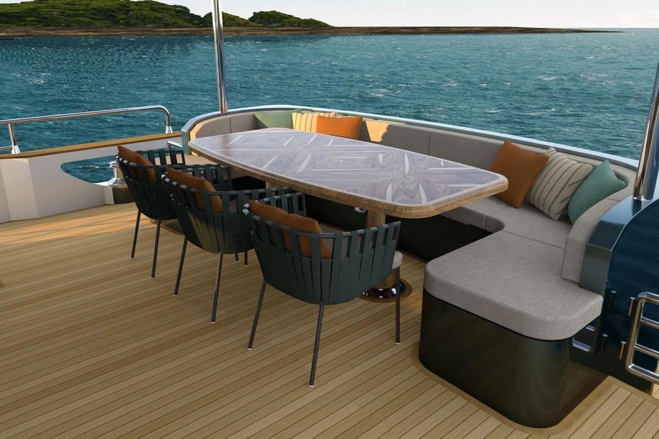 The aft deck features a stylish dining area with a large table and comfortable seating, perfect for enjoying meals with a view of the sea. aboard VOYAGE 90 Yacht for Sale