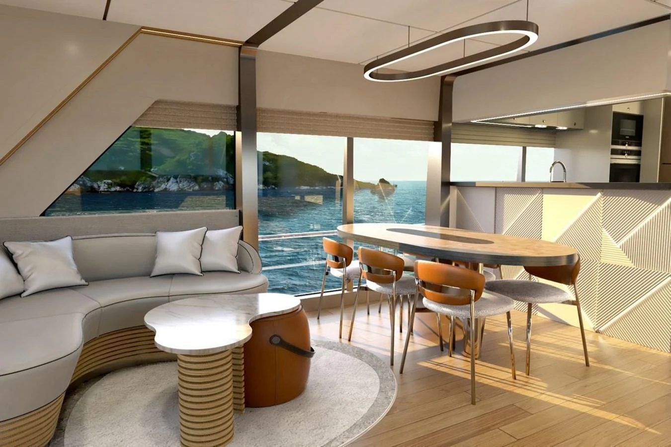 The salon features a modern design with a comfortable seating area and a dining table, offering stunning ocean views through large windows. aboard VOYAGE 90 Yacht for Sale